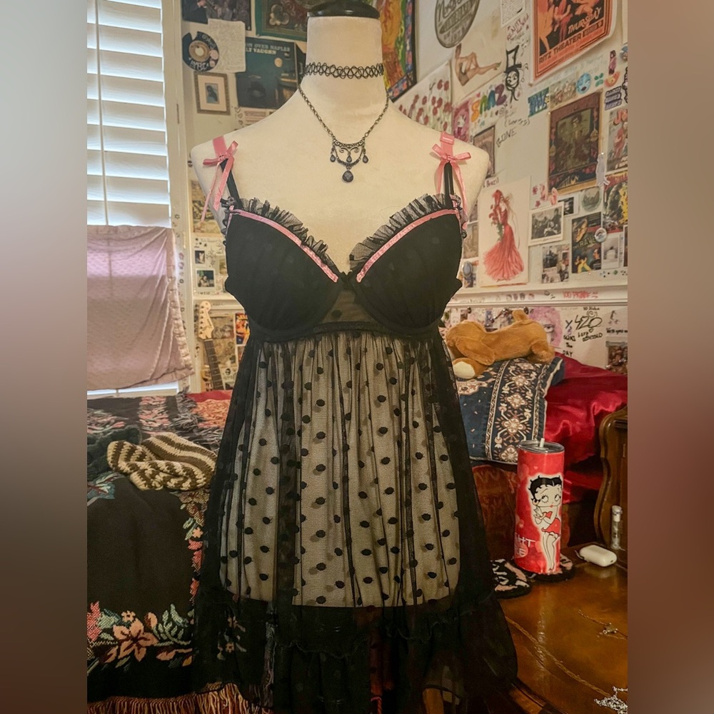 Black and Pink Polka Dot lingerie slip